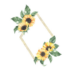 Fototapeta premium Watercolor summer golden frame with sunflowers bouquet with green leaves isolated. Floral spring autumn geometric frame blossom boho illustration wedding invitation save the date card