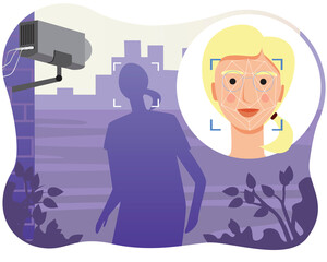 Face recognition of young woman in as identification, verification concept, flat vector stock illustration with girl and cctv camera