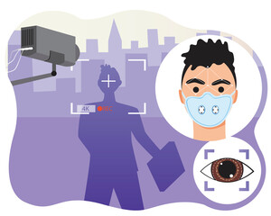 Face recognition of a man in a medical mask as a cctv camera concept, identification, verification, flat vector stock illustration with a guy during a smog