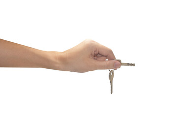 Hand holding key house on white background
