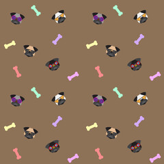 Dog seamless pattern, Pug on brown background, Dog icons. 