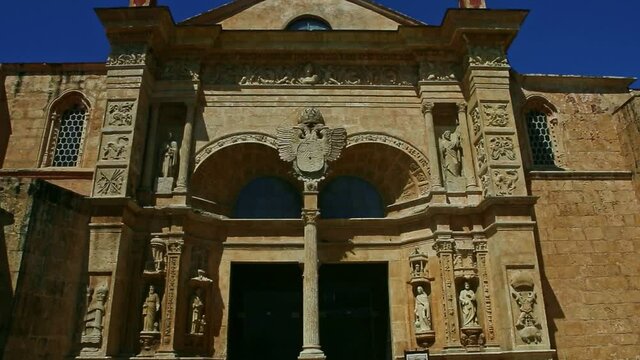 closeup panorama on old catholic cathedral church exterior in Santo Domingo