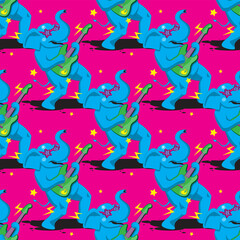 seamless pattern of an elephant playing a guitar on a pink background. Vector image