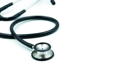 Close-up of Black stethoscope of doctor for a checkup on white background. 