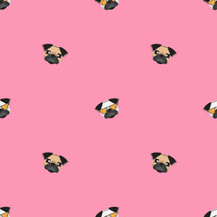 Dog seamless pattern, Pug on pink background, Dog icons. 
