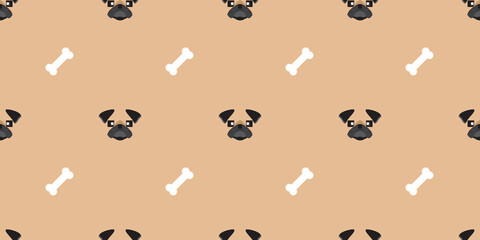 Dog seamless pattern, Pug on brown background, Dog icons. 