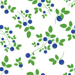 Vector seamless pattern of blueberry twigs with leaves on a white background. Good for printing on fabric, packaging, napkins, all kinds of backgrounds, etc.