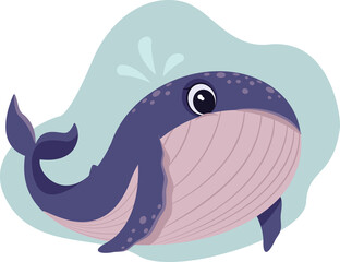 cute whale with a small fountain over his head on a blue background, vector flat illustration