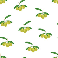 Vector seamless pattern of olives with leaves on a white background. For printing on fabrics, packaging, napkins tec.