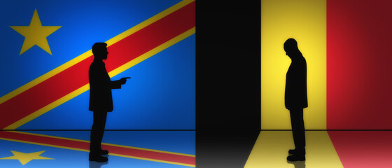 Silhouette of congolese man pointing at belgian man with flag of Congo and Belgium in background