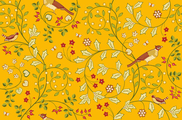 Vintage flowers and foliage seamless ornament on orange background. Vector illustration. - obrazy, fototapety, plakaty