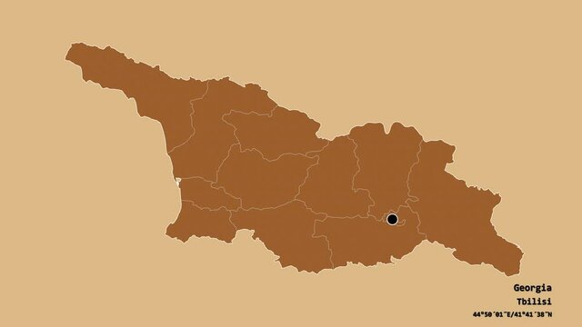 Samegrelo-Zemo Svaneti, region of Georgia, with its capital, localized, outlined and zoomed with informative overlays on a solid patterned map in the Stereographic projection. Animation 3D