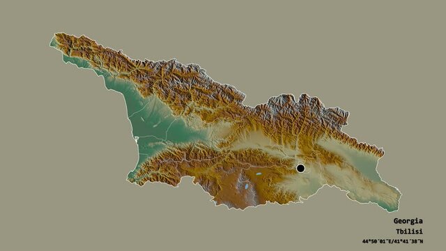 Samegrelo-Zemo Svaneti, region of Georgia, with its capital, localized, outlined and zoomed with informative overlays on a relief map in the Stereographic projection. Animation 3D