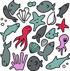 Set of fish and sea animals vector isolated - 365275155