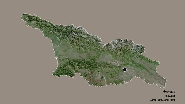Samegrelo-Zemo Svaneti, region of Georgia, with its capital, localized, outlined and zoomed with informative overlays on a satellite map in the Stereographic projection. Animation 3D