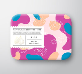 Obraz premium Fruits Bath Cosmetics Box. Vector Wrapped Paper Container with Care Label Cover. Packaging Design. Modern Typography and Hand Drawn Figs. Abstract Camo Background Pattern Layout.