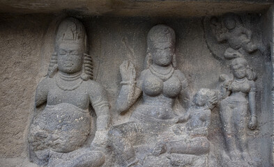 Stone carving,Ancient Ellora cave, Aurangabad, Maharashtra, India, Asia