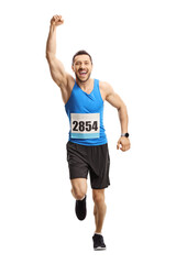 Man running a marathon and gesturing happiness