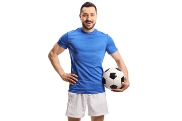 Soccer player in a blue jersey holding a football © Ljupco Smokovski