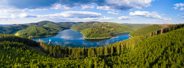 rothaargebirge with the obernau lake landscape in the siegerland germany as hd panorama