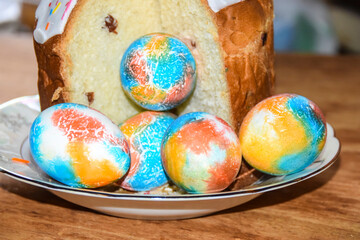 rich Easter cake and multi-colored painted eggs on a plate