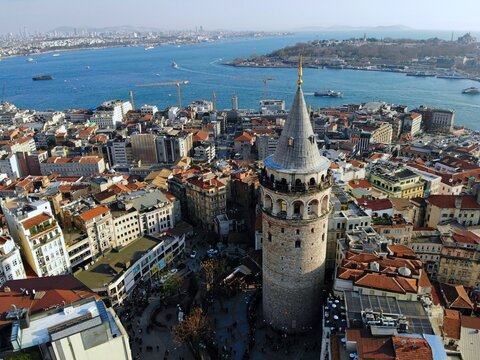 Istanbul, culture and historical capital of Turkey. Aerial photo from above. City view and landscape photo by drone. The Galata Kulesi Tower