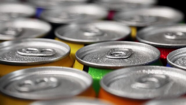 aluminum cans with carbonated water, energy drinks or beer. Dolly video