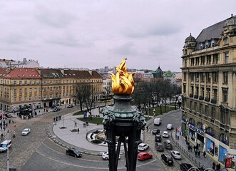 Aerial view from above of Lviv city, Ukraine. Beautiful drone photography. Fire Torch on top of...