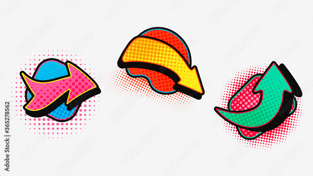 Poster pop art arrow set. modern graphic design of pointers in comic setting red guide green wriggling abst