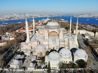 Istanbul, culture and historical capital of Turkey. Aerial photo from above. City view and landscape photo by drone. Aya Sofia central mosque