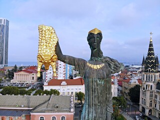 Georgia. Sea city Batumi. City Centre. Medea and Golden Fleece monument. View from above, perfect landscape photo, created by drone. Aerial photo from travel.
