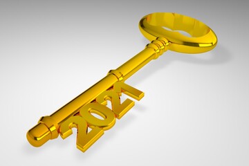 Golden metal vintage key with 2021 numbers inscription isolated on white background. Happy New Year concept. 3d rendering illustration.