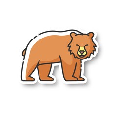 Brown bear patch. Large carnivore predator, dangerous woodland creature, forest inhabitant. Common nordic fauna RGB color printable sticker. Grizzly bear vector isolated illustration