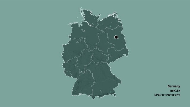 Bavaria, state of Germany, with its capital, localized, outlined and zoomed with informative overlays on a administrative map in the Stereographic projection. Animation 3D