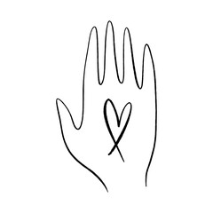 Line art hand with heart line icon logo. Self love and care concept. Continuous line drawing, fashion, beauty care minimalist vector illustration. Perfect for t-shirt print.