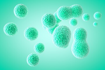 Cyan elastic metaball in 3d. Small molecules are separated from the liquid sphere and bound together. Virus decaying in 3d render. Bacteria under the microscope. Macro world.