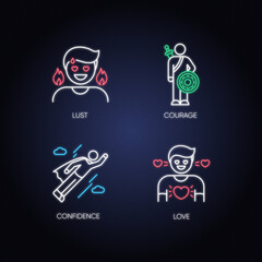 Negative feelings and bad traits neon light icons set. Human emotions, feelings signs with outer glowing effect. Self confidence, worry, boredom and greed. Vector isolated RGB color illustrations