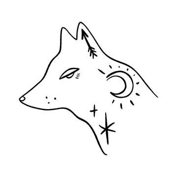 Wolf moon logo. Ornate animal. Modern witch concept. Witchcraft culture. Harmony and zen. Crescent magic symbols. Vector illustration.