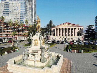 Georgia, Batumi. City Centre. Fountain Neptunó monument. and natoinal opera house. View from above, perfect landscape photo, created by drone. Aerial travel photography