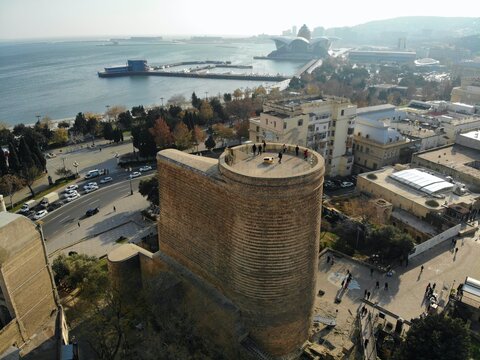 Amazing aerial view from above by drone on capital of Azerbaijan - Baku.  Old town center. Maiden Tower