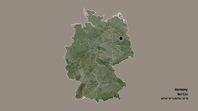Bavaria, state of Germany, with its capital, localized, outlined and zoomed with informative overlays on a satellite map in the Stereographic projection. Animation 3D