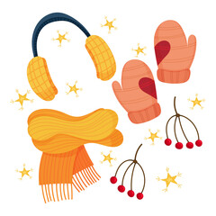 Winter set with yellow warm big headphones, yellow scarf, beige mittens, yellow stars and Christmas decor. Christmas cute decor, clothes. Vector cartoon flat illustration isolated on white.