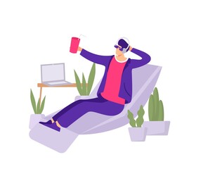 Vacation in office illustration. An employee imagines himself on tropical beach while sitting at work in an armchair non selling dreams of rest dreams of full fledged vector vacation.