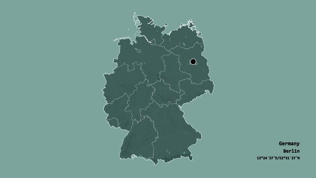 Brandenburg, state of Germany, with its capital, localized, outlined and zoomed with informative overlays on a administrative map in the Stereographic projection. Animation 3D