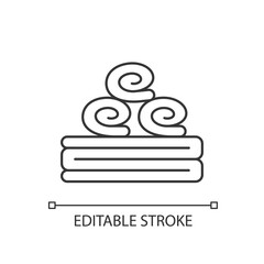 Bath towels pixel perfect linear icon. Personal hygiene, bathhouse relaxation thin line customizable illustration. Contour symbol. Clean towels vector isolated outline drawing. Editable stroke