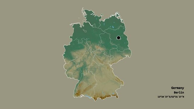 Brandenburg, state of Germany, with its capital, localized, outlined and zoomed with informative overlays on a relief map in the Stereographic projection. Animation 3D