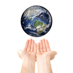 Two open hands hold Earth planet concept isolated on white background