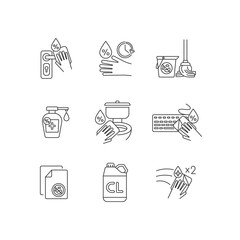 Sanitation pixel perfect linear icons set. Antibacterial wipes and disinfectants. Indoor disinfection customizable thin line contour symbols. Isolated vector outline illustrations. Editable stroke