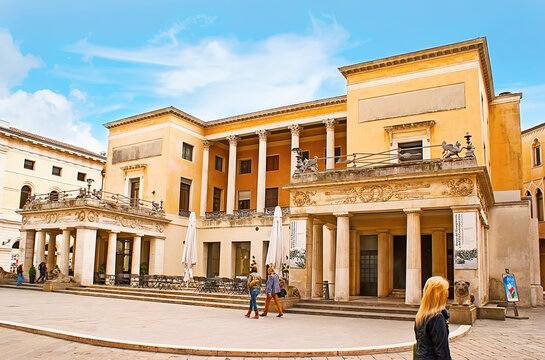 The facade of historic Pedrocchi Cafe, on April 23 in Padua, Italy