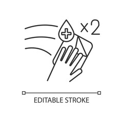 Wipe twice rule pixel perfect linear icon. Surface cleaning guidance thin line customizable illustration. Contour symbol. Antibacterial tissue vector isolated outline drawing. Editable stroke